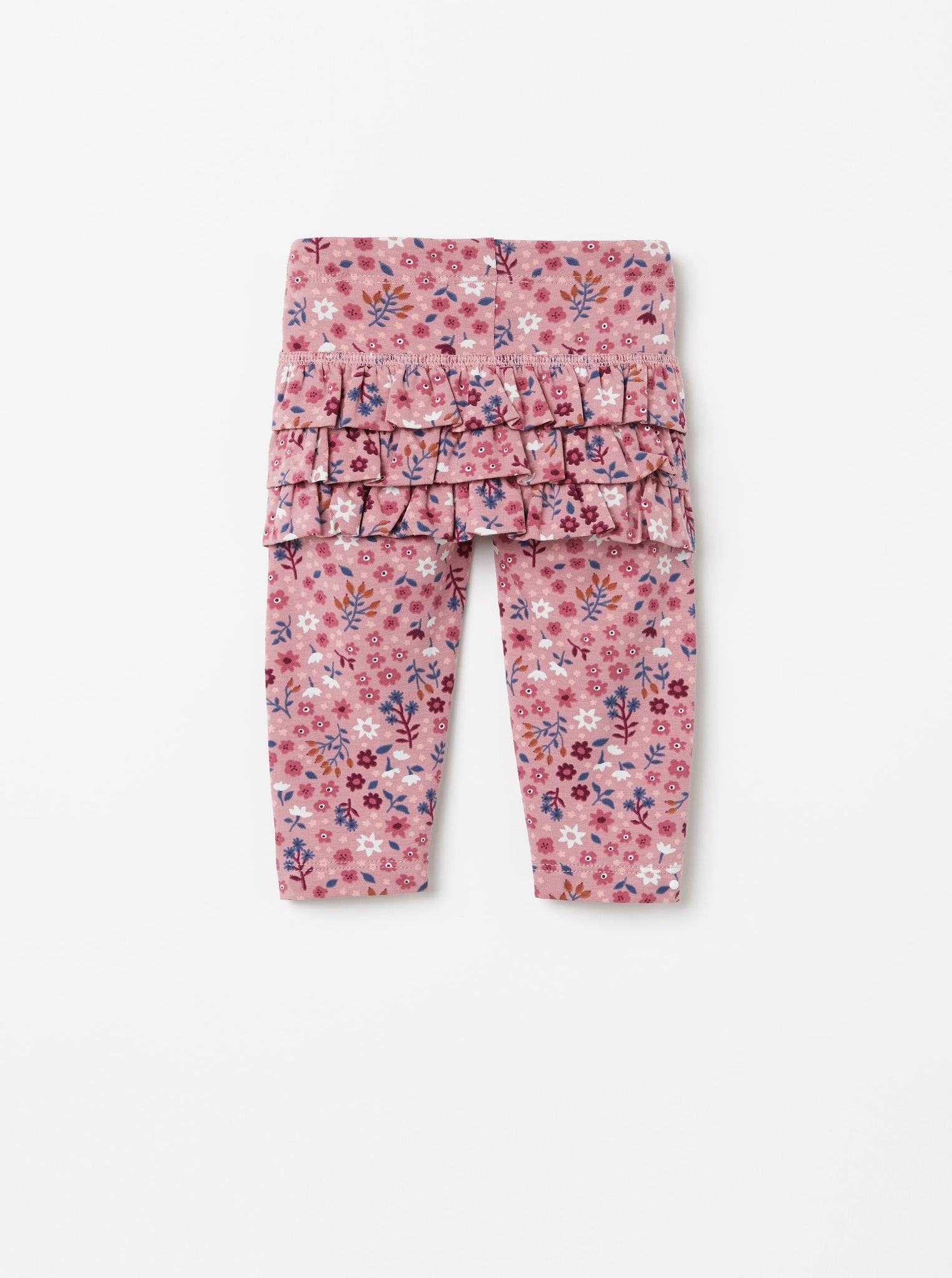 A pair of flower-patterned leggings with a pretty ruffle at the back, in soft organic cotton for baby. The waist is elastic and can be adjusted with buttonhole elastic.

Country of manufacture: Turkey
Factory: Tyh Uluslararasi Tekstil Pazarlama AS
Find out more at https://www.polarnopyret.com/pop-cares/our-suppliers