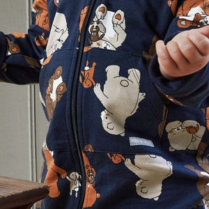 Sleepy Bear Print Baby All In One from the Polarn O. Pyret baby collection. Nordic baby clothes made from sustainable sources.