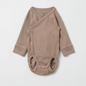 Ribbed Brown Wraparound Babygrow from the Polarn O. Pyret babywear collection. Ethically produced baby clothing.