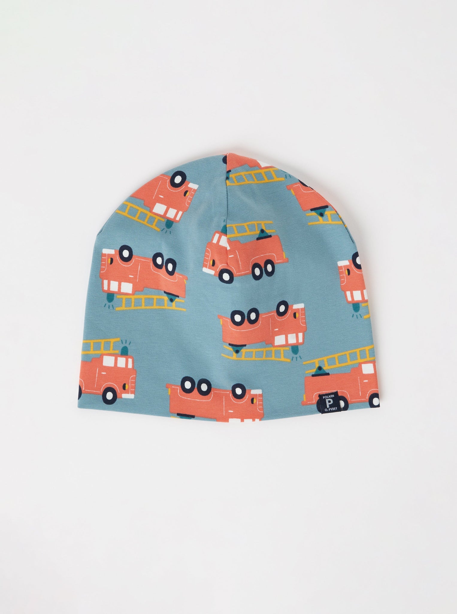 Organic Cotton Fire Engine Baby Beanie from the Polarn O. Pyret kidswear collection. Clothes made using sustainably sourced materials.