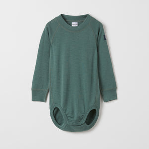 Merino Wool Green Thermal Babygrow from the Polarn O. Pyret outerwear collection. The best ethical kids outerwear.