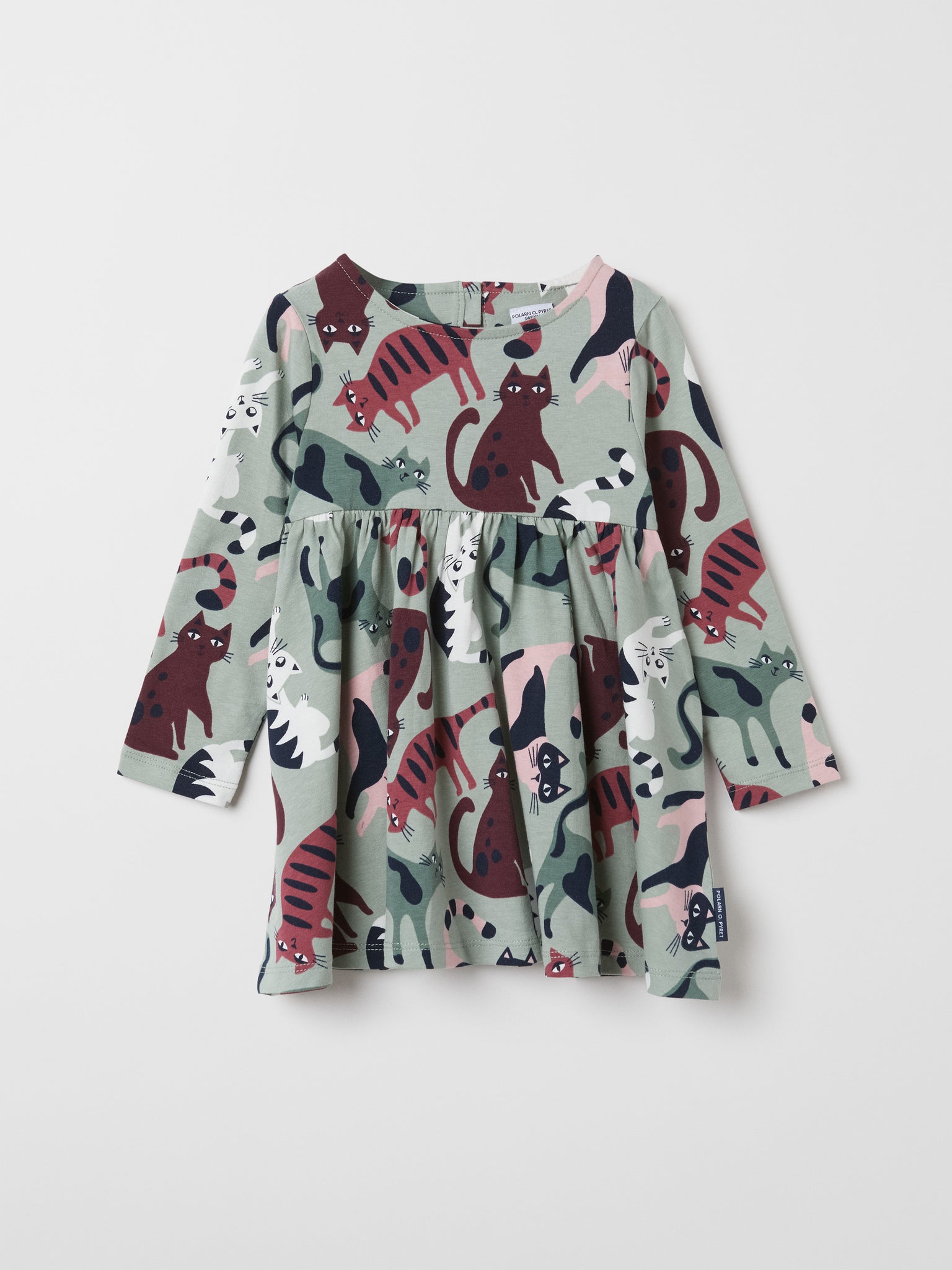 Cat Print Organic Cotton Kids Dress from the Polarn O. Pyret kidswear collection. Nordic kids clothes made from sustainable sources.
