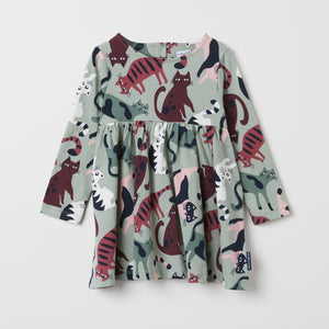 Cat Print Organic Cotton Kids Dress from the Polarn O. Pyret kidswear collection. Nordic kids clothes made from sustainable sources.