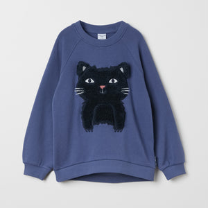 Blue Organic Cotton Kids Cat Sweatshirt from the Polarn O. Pyret kidswear collection. Made using 100% GOTS Organic Cotton