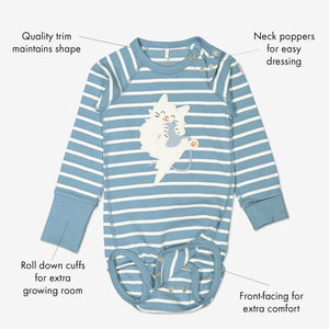 GOTS organic cotton long sleeve babygrow in unisex blue and white stripes with text labels shown on the sides