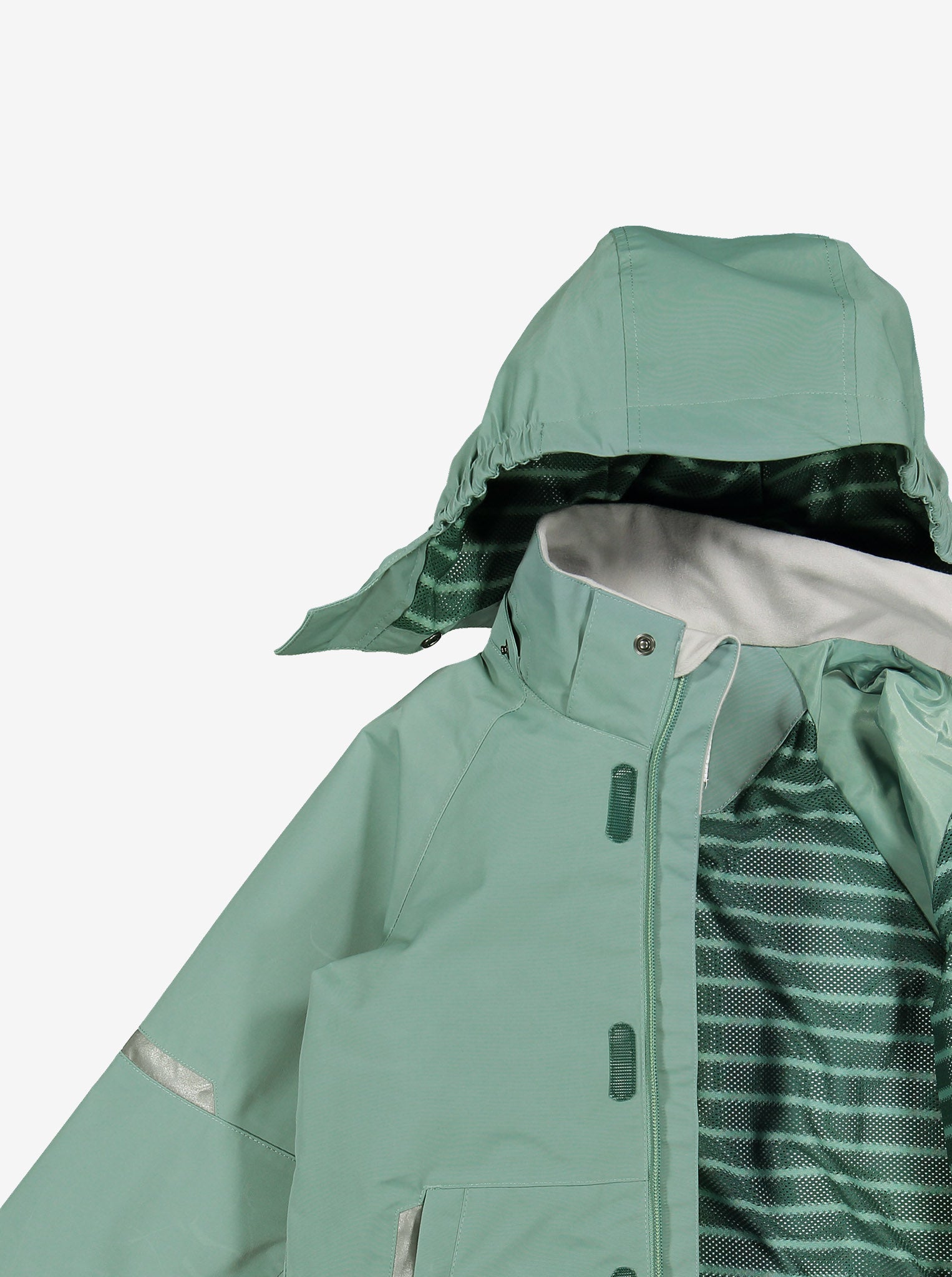 A closeup shot of a green, kids waterproof shell jacket with detachable hood, made of fabric and 100% polyester lining. 