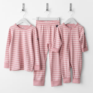 pink and white striped baby sleepsuit, organic cotton warm and comfortable, long lasting ethical clothes polarn o. pyret 