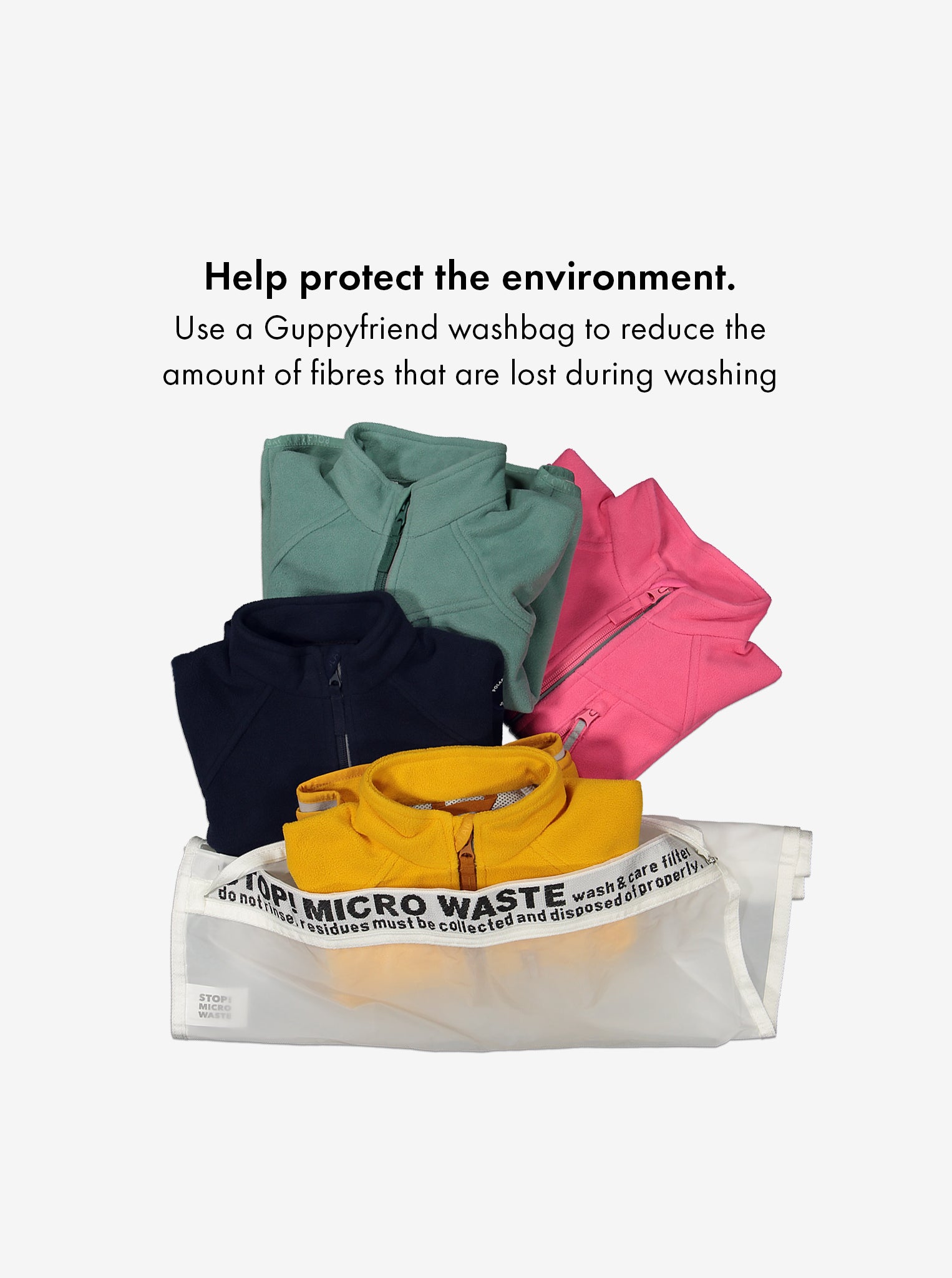 An eco-friendly Guppy Friend washbag used for kids waterproof fleece jacket in colours green, pink, navy, and yellow.