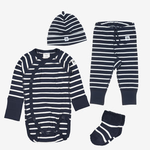 newborn baby gift set navy stripes, quality hat socks bottoms babygrow, organic cotton 