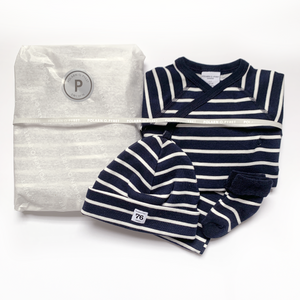 newborn baby gift set navy stripes, quality hat socks bottoms babygrow, organic cotton  in a gift wrap