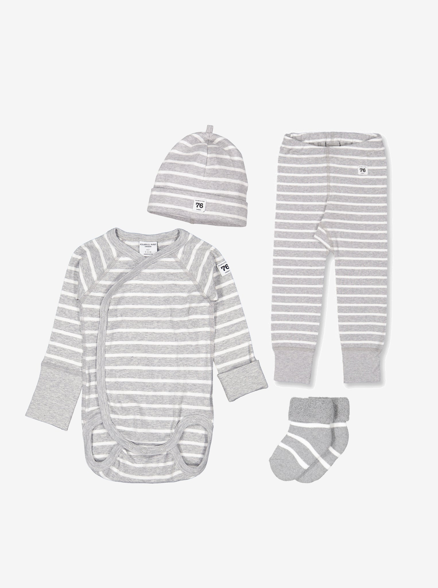newborn baby gift set grey striped, quality hat socks bottoms babygrow, polarn o. pyret organic cotton    