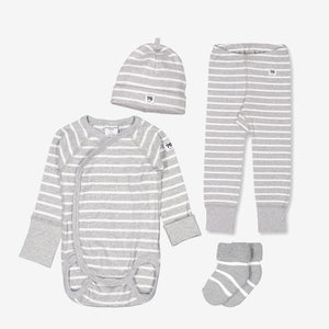 newborn baby gift set grey striped, quality hat socks bottoms babygrow, polarn o. pyret organic cotton    