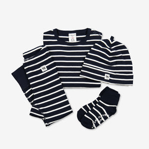 PO.P navy and whie stiped PO.P classic products including kids top , hat, leggings and socks 