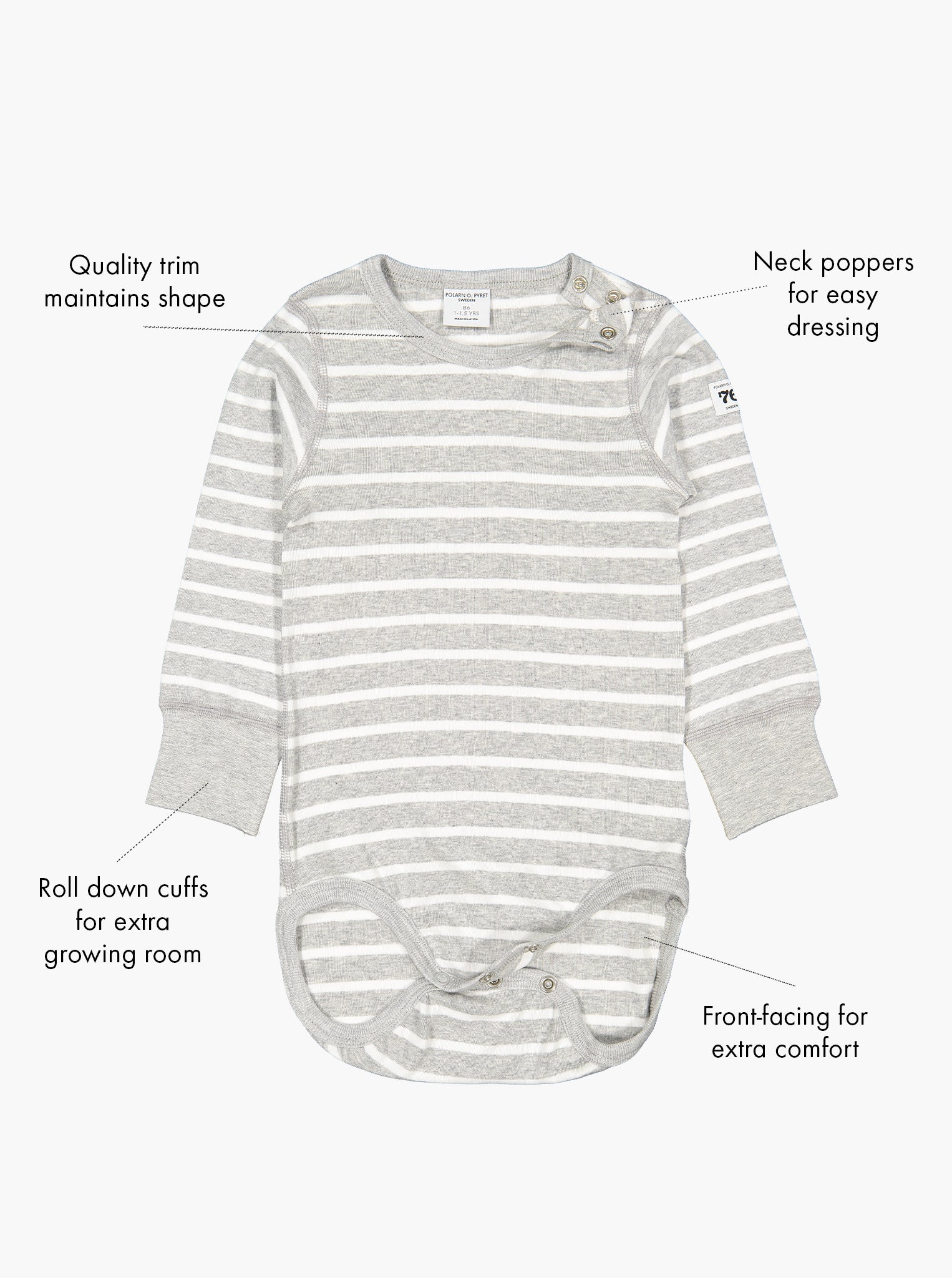 children's organic cotton grey striped babygrow, ethical quality, polarn o. pyret showing its special features.