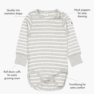 children's organic cotton grey striped babygrow, ethical quality, polarn o. pyret showing its special features.