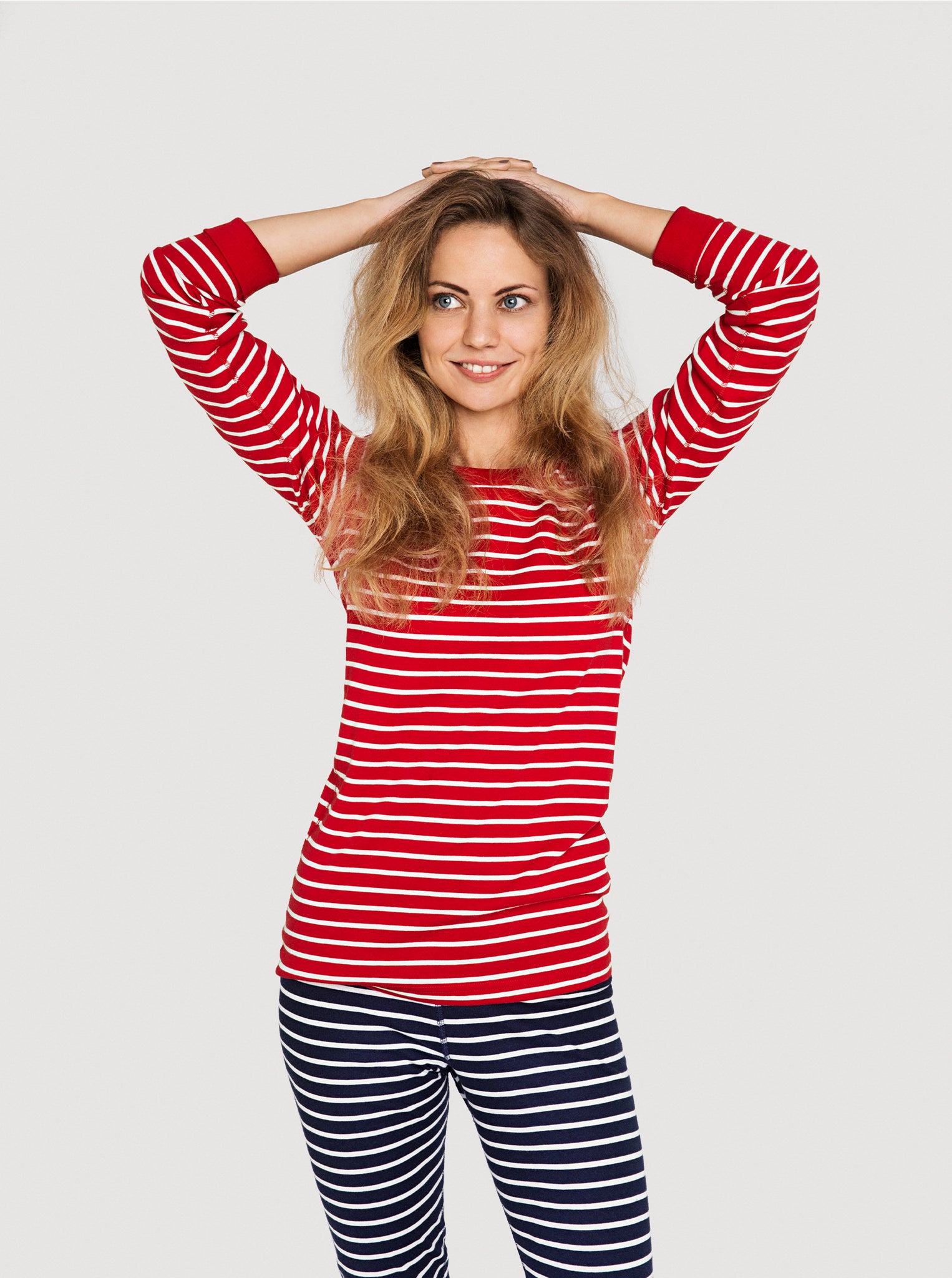 women wearing PO.P classic red and navy striped leggings and t-shirt