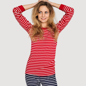 women wearing PO.P classic red and navy striped leggings and t-shirt