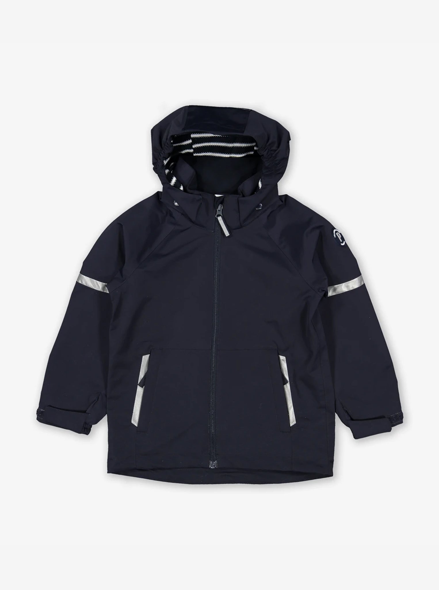 Kids waterproof jacket in navy, includes a detachable hood and adjustable cuffs, made of lightweight shell fabric. 