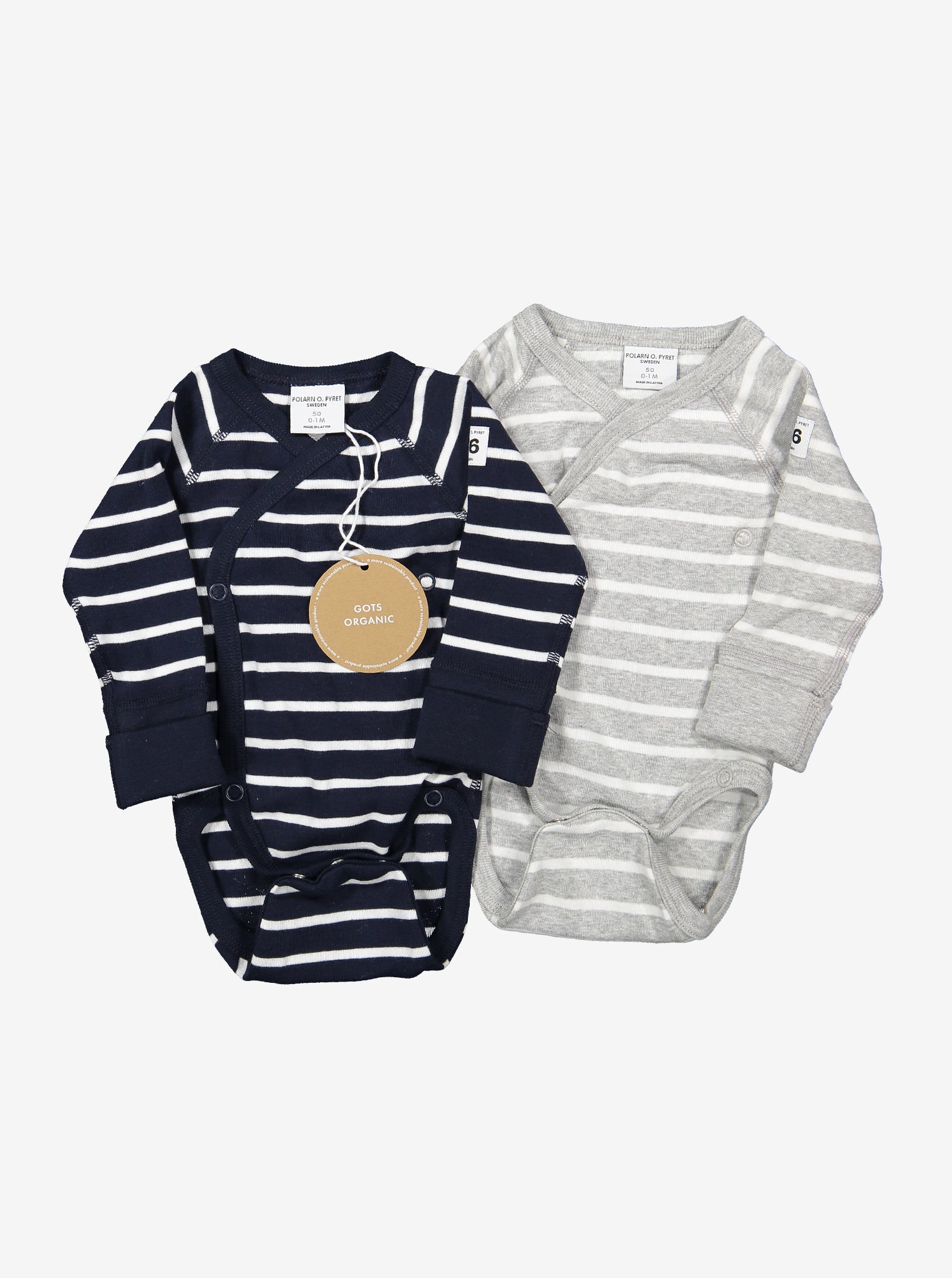 two newborn grey striped quality babygrow, ethical organic cotton, polarn o. pyret