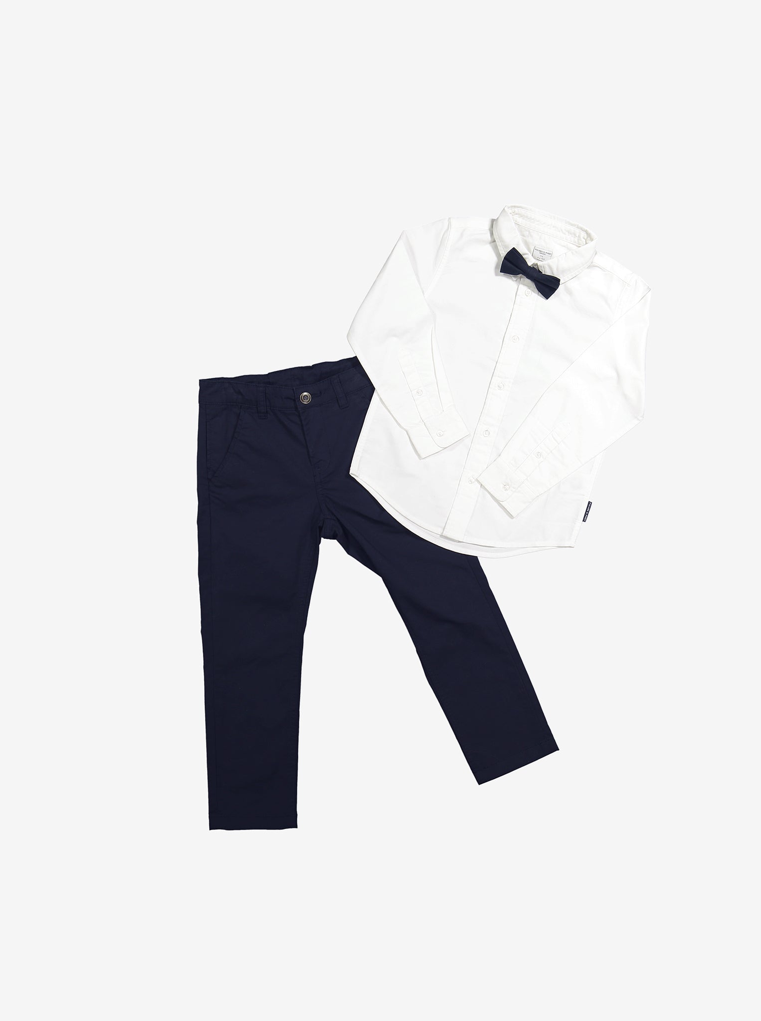 kids organic cotton navy bow tie, adjustable easy use, ethical kids clothes  with shirt and trousers 