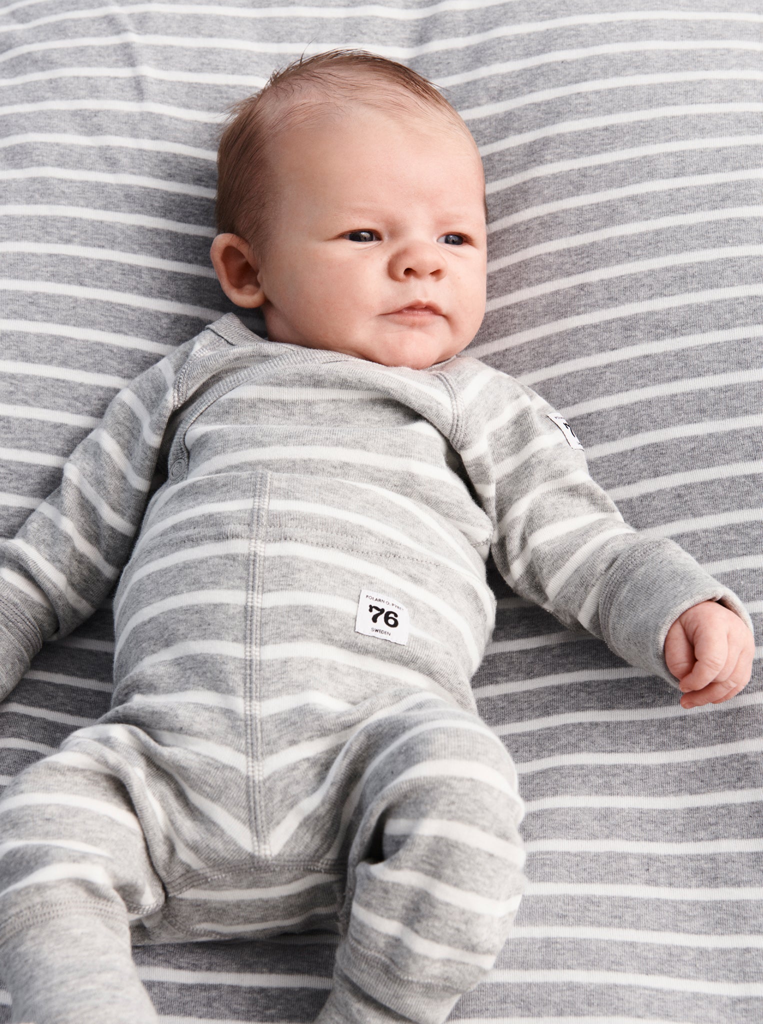 newborn baby gift set grey striped, quality hat socks bottoms babygrow, polarn o. pyret organic cotton
