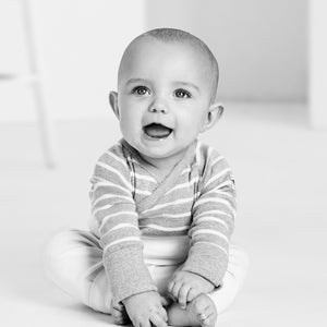 baby wearing newborn grey striped quality babygrow, ethical organic cotton, polarn o. pyret
