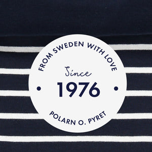 Polarn O. Pyret navy blue and white striped pattern, 100% organic cotton.