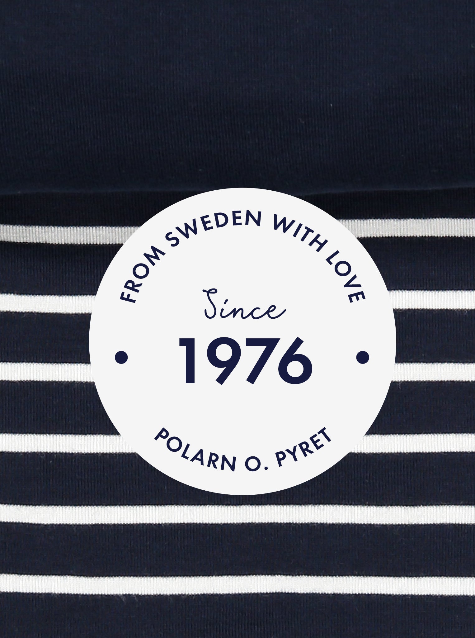 polarn o. pyret 1976 logo in navy and white stripes