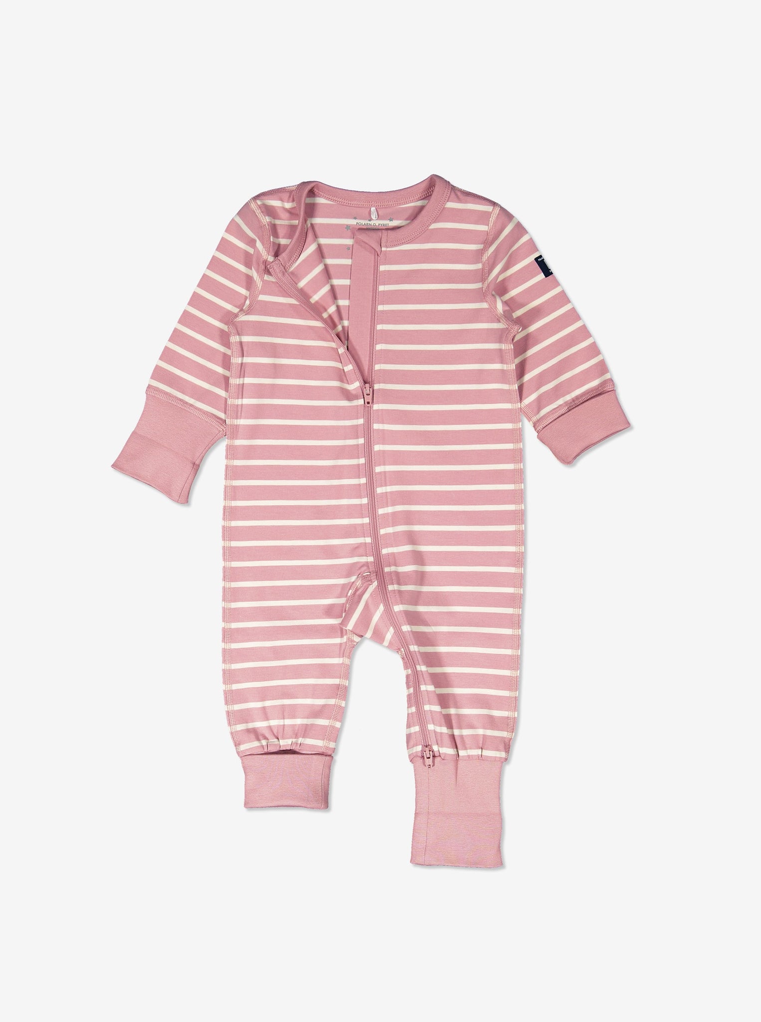 pink and white striped baby sleepsuit, organic cotton warm and comfortable, long lasting ethical clothes polarn o. pyret 