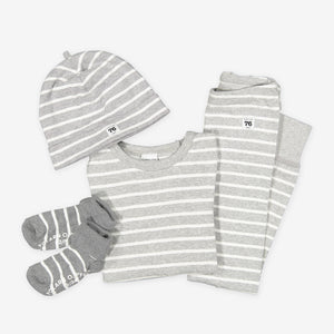 grey and white stripes baby leggings, ethical organic cotton, long lasting polarn o. pyret quality classic products including baby top , hat, leggings and socks 