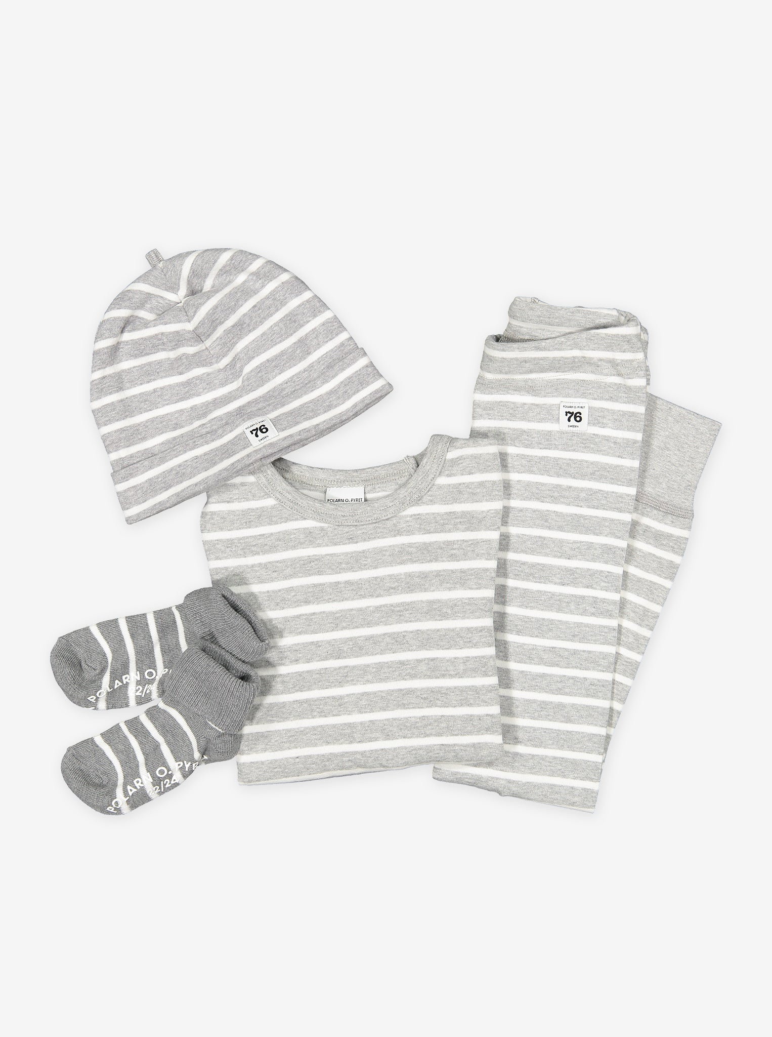 grey and white stripes baby leggings, ethical organic cotton, long lasting polarn o. pyret quality classic products including baby top , hat, leggings and socks 