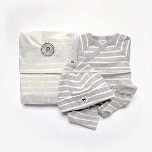 newborn baby gift set grey striped, quality hat socks bottoms babygrow, polarn o. pyret organic cotton gift wrap