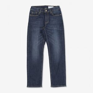 Dark blue girls & boys regular fit jeans in a straight leg cut with 5 pockets, inverted metal rivets & adjustable waist.