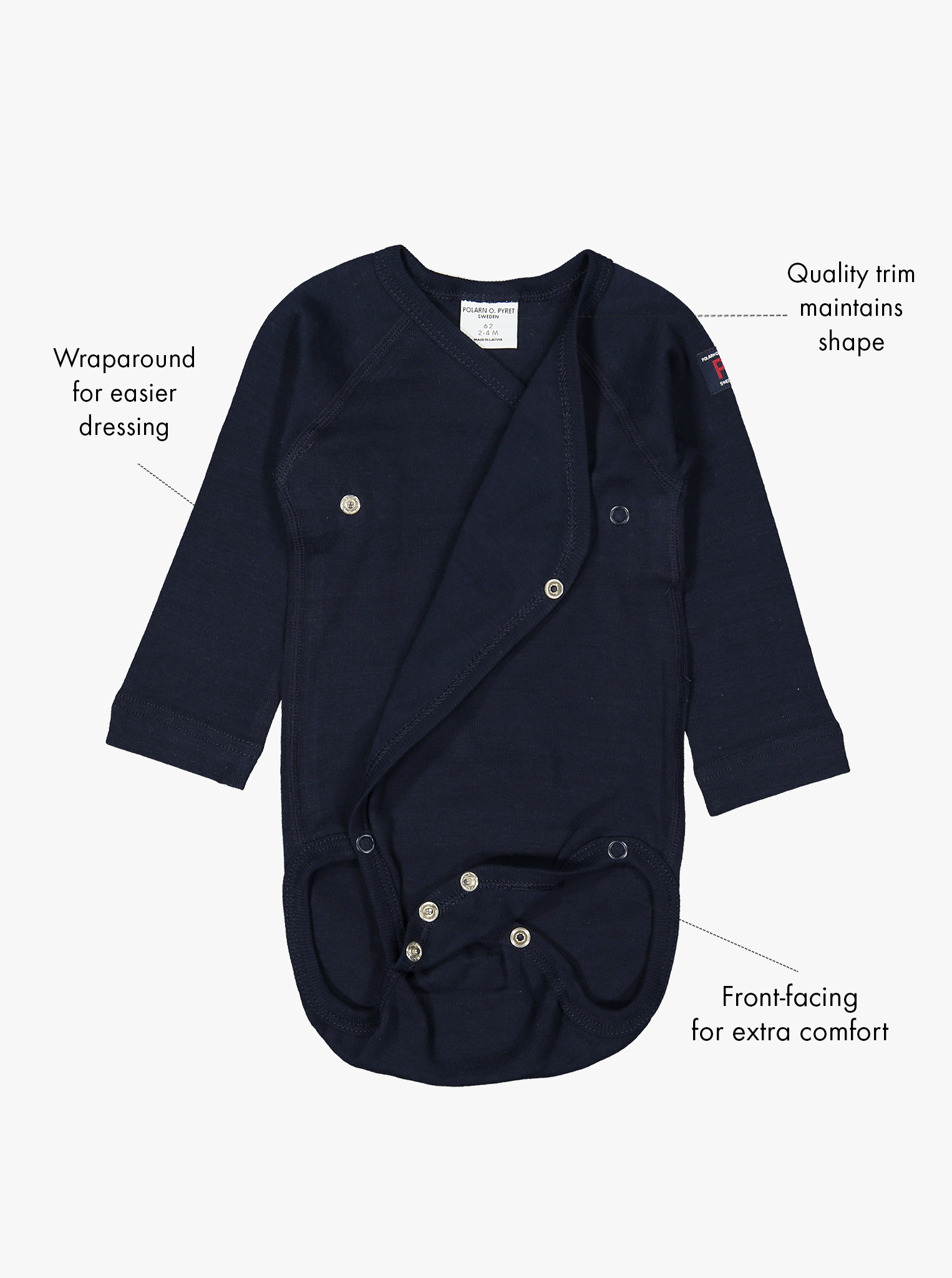 newborn babygrow navy blue, ethical quality organic cotton, polarn o. pyret classic, features shown as text labels on the right.