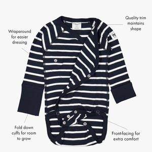 newborn baby gift set navy stripes, quality hat socks bottoms babygrow, organic cotton   unique feature infographic 