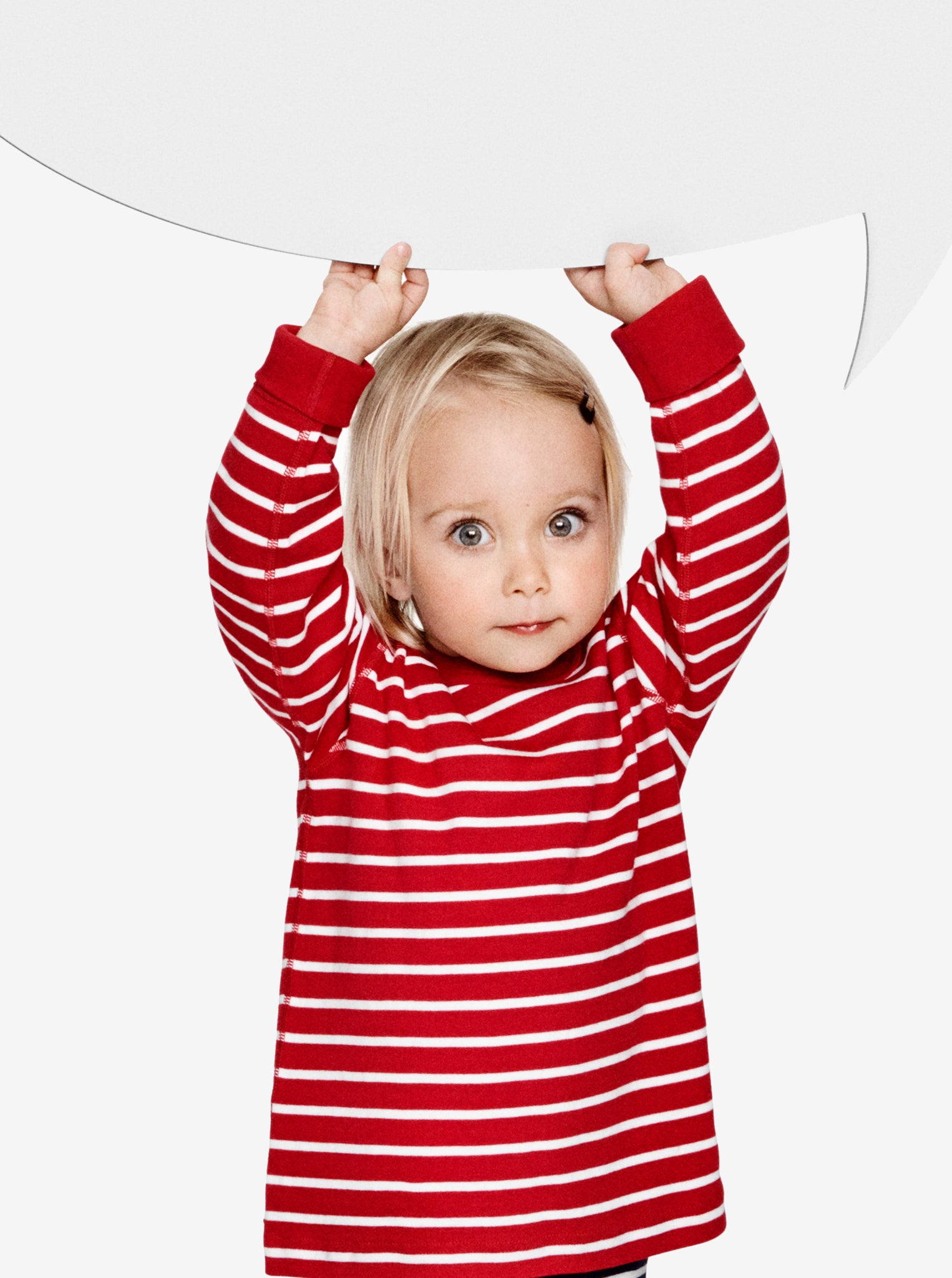 Child wearing baby top red and white stripes, ethical quality organic cotton polarn o. pyret 