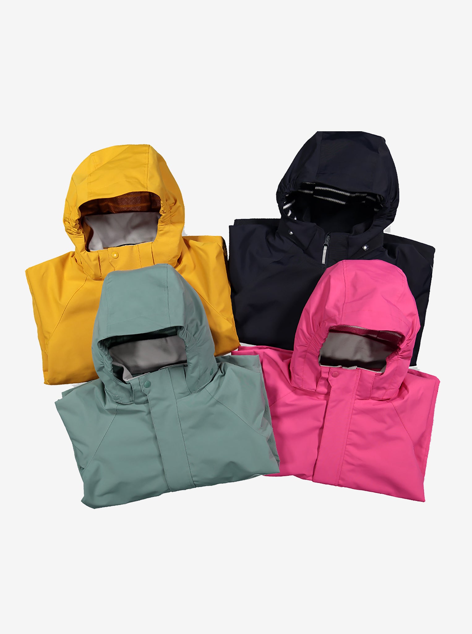 Four kids waterproof shell jackets, comes in the colours yellow, navy, green, and pink, made of lightweight fabric.