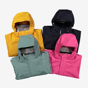 Four kids waterproof shell jackets, comes in the colours yellow, navy, green, and pink, made of lightweight fabric.