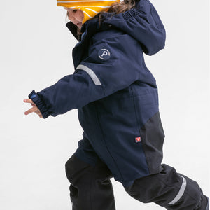award winning padded winter kids overall navy, waterproof durable, ethical and long lasting kids wear 