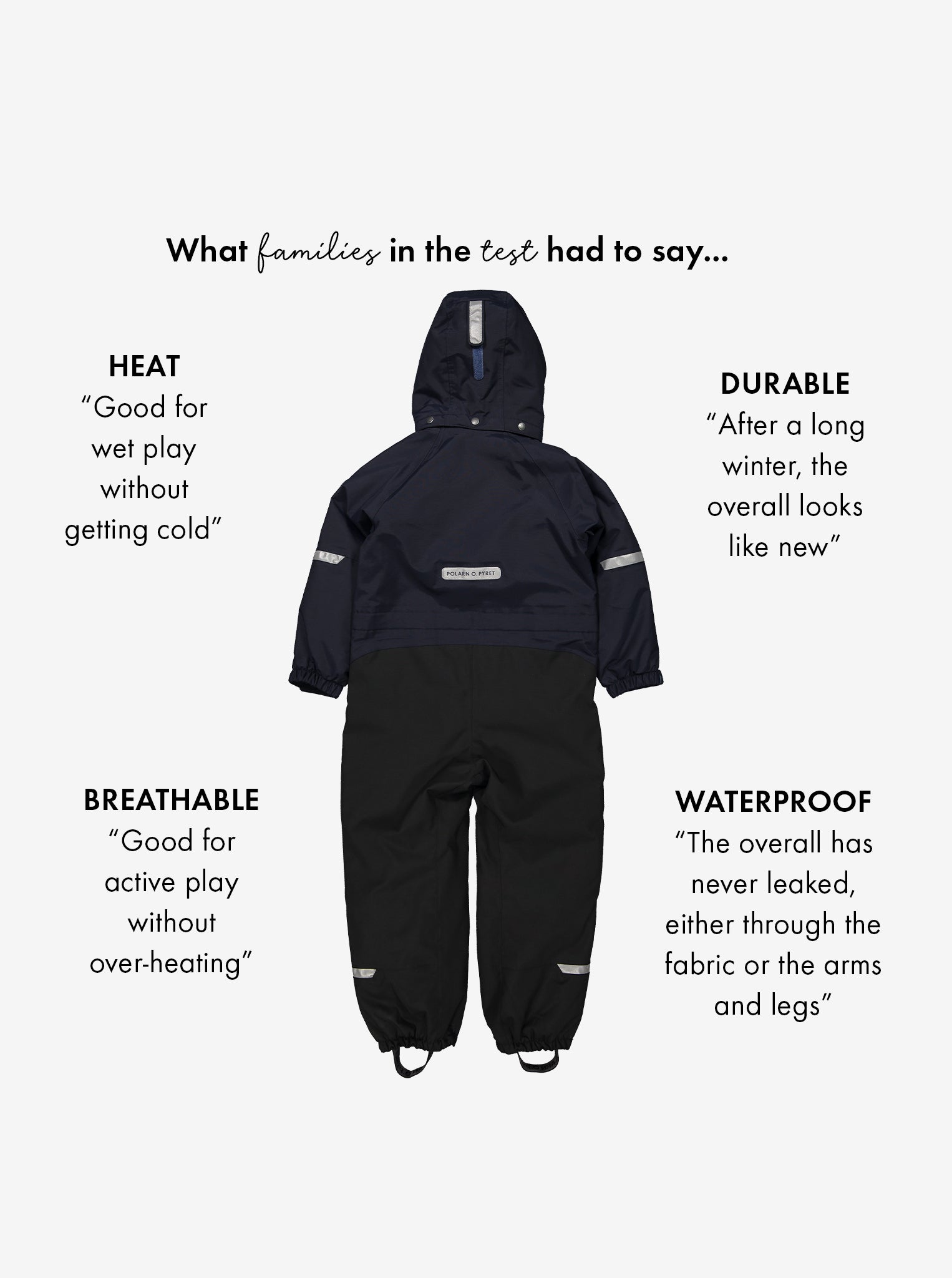 award winning padded winter kids overall navy, waterproof durable, ethical and long lasting kids wear  showing features 