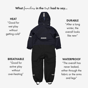 award winning padded winter kids overall navy, waterproof durable, ethical and long lasting kids wear  showing features 